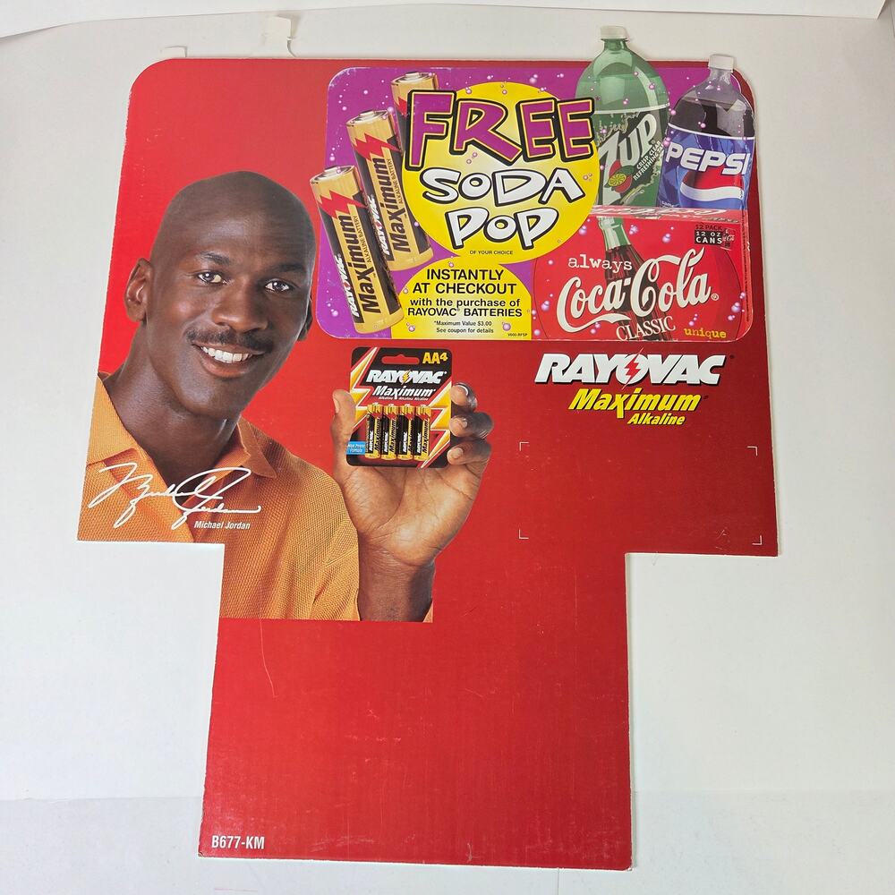 Michael Jordan Rayovac Vintage Store Display Die Cut Sign Free Soda 22x17.5